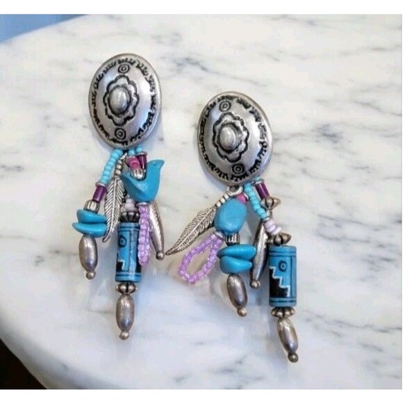 Vintage Boho Native American Style Southwestern Dangle Charm Fetish Earrings - Picture 2 of 4